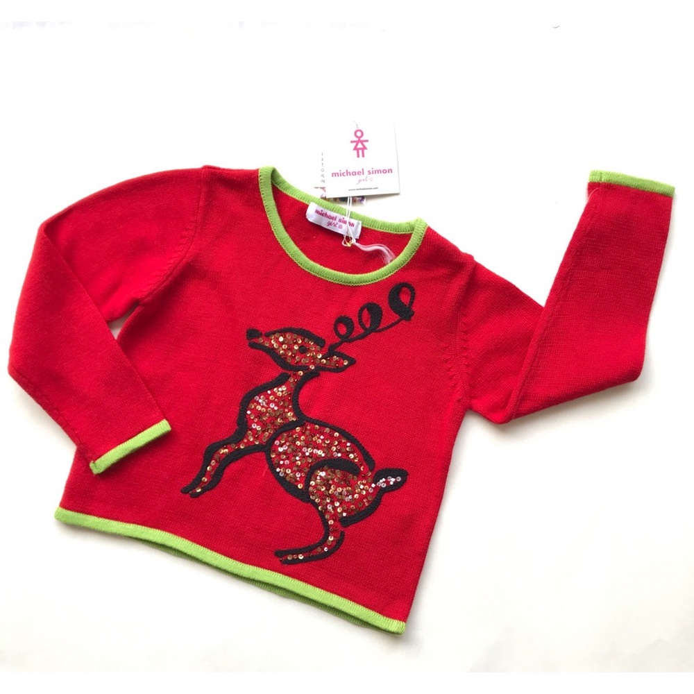 NWT Michael Simon Red Sequins Embroidered Reindeer Holiday Sweater Girls 4 4T